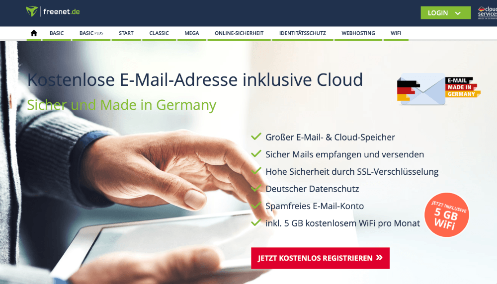 Screenshot der Freenet.de E-Mail-Account-Eröffnung Homepage