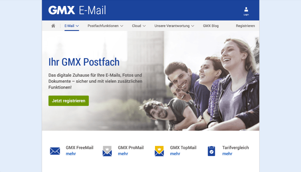 Screenshot der GMX E-Mail-Account-Eröffnung Homepage