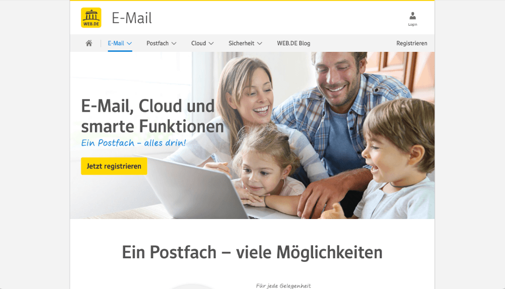 Screenshot der Web.de E-Mail-Account-Eröffnung Homepage