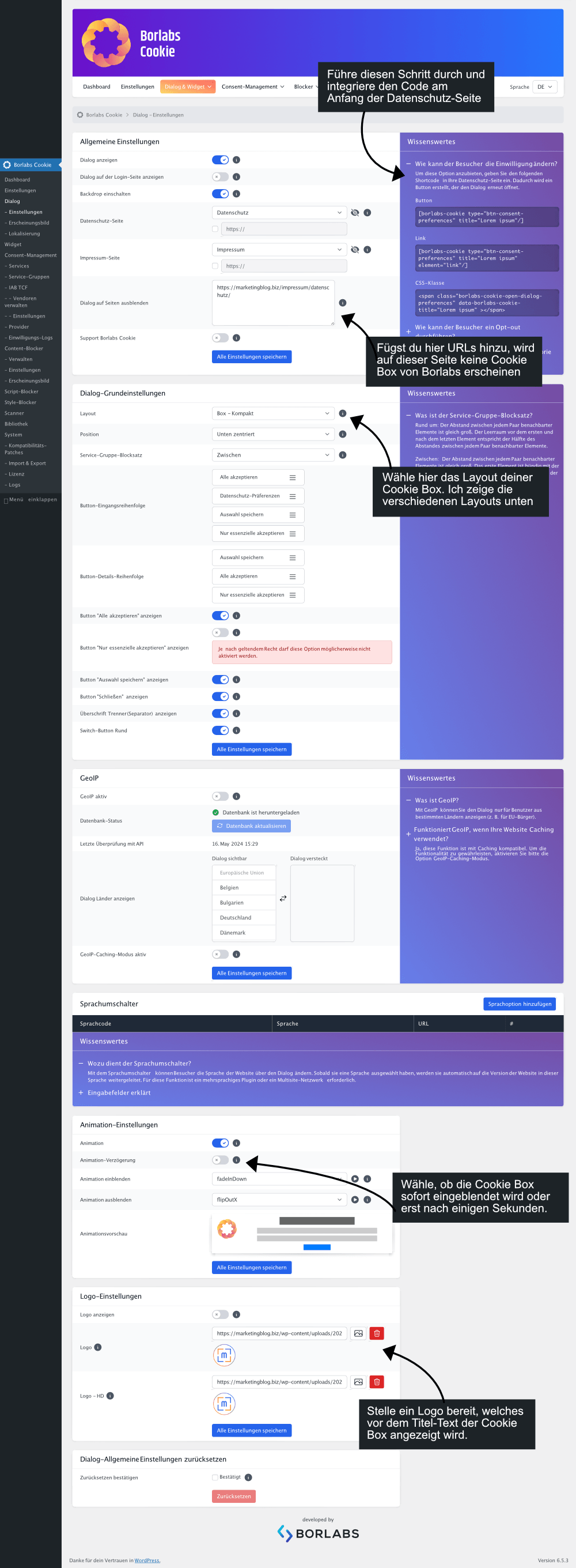 Borlabs Cookie, Dialog-Einstellungen