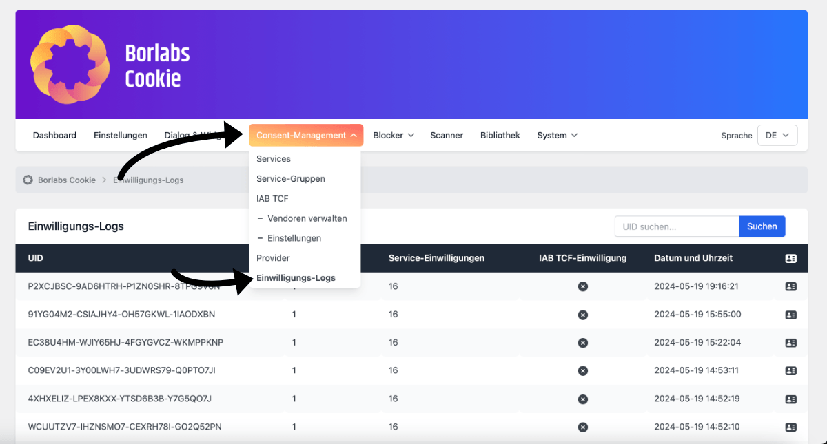 Borlalbs Cookie, Einwillligungs-Logs, sortiert nach Datum und Uhrzeit