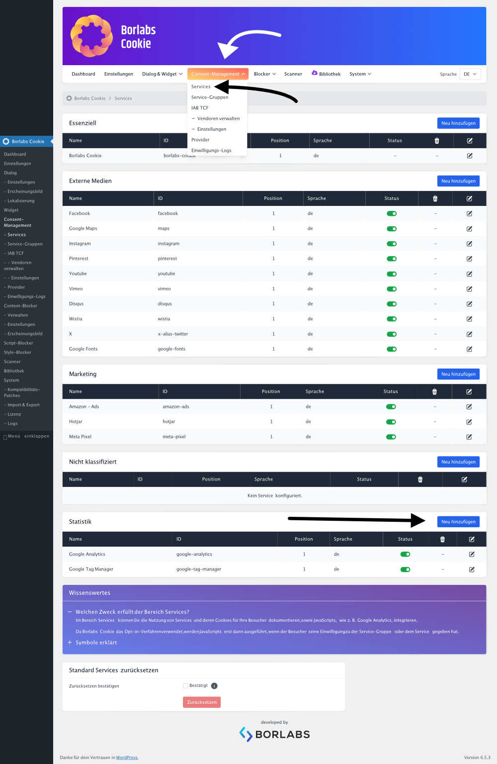 Borlabs Cookie: Angelegte Liste mit Services zu Essentiell, Marketing, Statistiken und Externe Medien